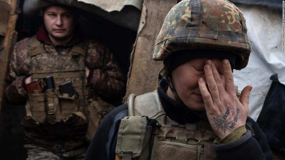 Ukrainian service members are seen along the front line outside of Popasna, Ukraine, on February 20. 