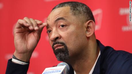 Juwan Howard speaks to the media after a fight following Michigan&#39;s loss to Wisconsin on February 20.