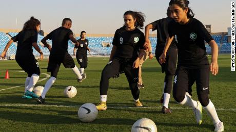Players of the first Saudi women&#39;s football team attend a session in November 2, 2021. 