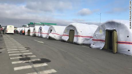 Russia's Ministry of Emergency Services has put up about 30 tents, which were seen near the border here on Sunday. 