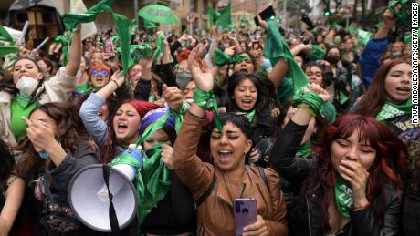 Abortion rights activists in Bogota, Colombia, celebrate the decision of Colombia&#39;s Constitutional Court to legalize abortion up to 24 weeks.