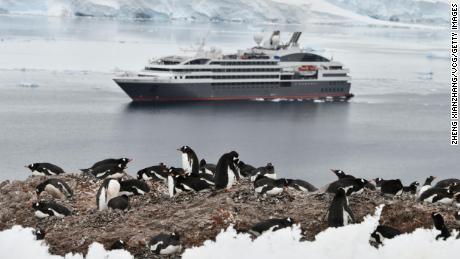 Penguins are seen with a cruise ship in the background in Antarctica. Roughly 74,000 tourists visited Antarctica during the summer of 2019-2020, more than twice as many as a decade ago, according to the IAATO.