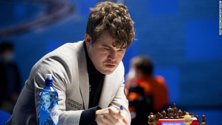 Carlsen reacts during the last weekend of the Tata Steel Masters chess tournament on January 29.