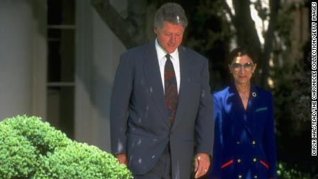 President Bill Clinton and Judge Ruth Bader Ginsburg in the White House Rose Garden for her introduction as a Supreme Court justice nominee. 