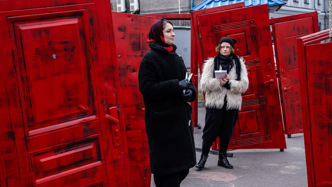 Activists hold a performance in front of the Russian embassy in Kyiv on February 21 in support of prisoners who were arrested in Crimea. They say the red doors are a symbol of the doors that were kicked in to search and arrest Crimean Tatars, a Muslim ethnic minority.