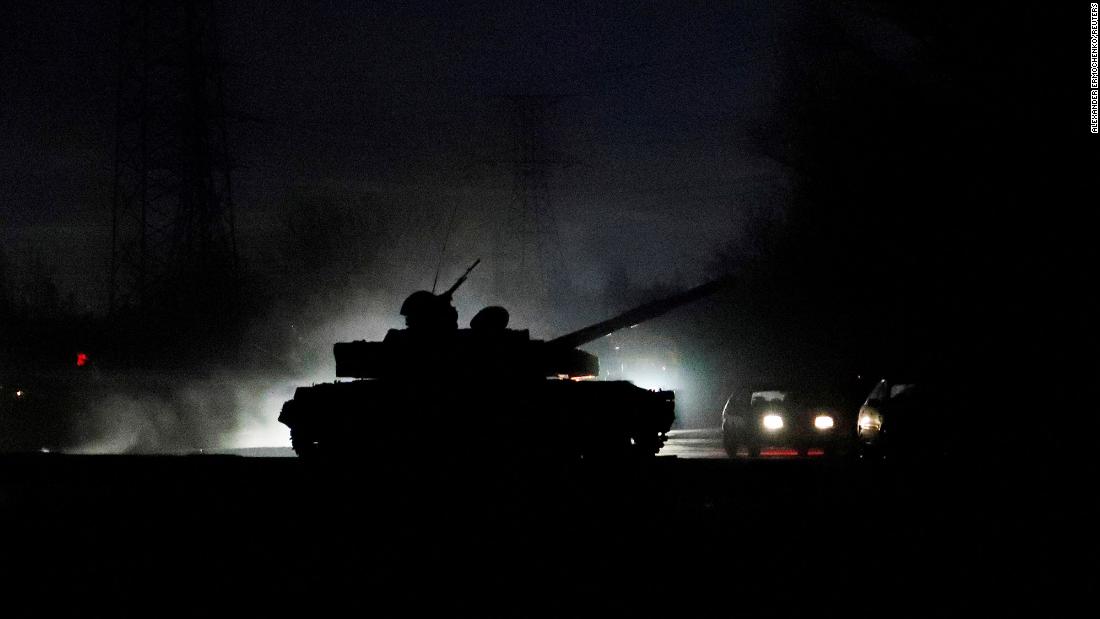 A tank drives along a street in the separatist-controlled city of Donetsk, Ukraine, on February 22.