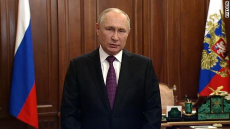 Russian President Vladimir Putin speaks in a televised address on Feb 23.