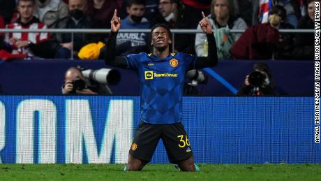 Elanga celebrates his first Champions League goal. 