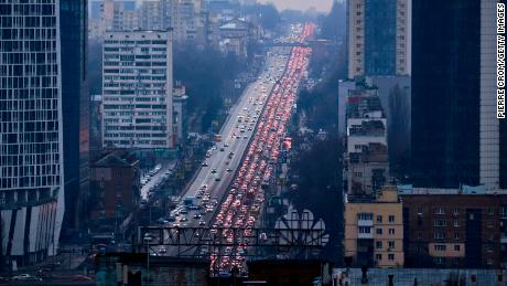 Traffic on the road leaving Kyiv.