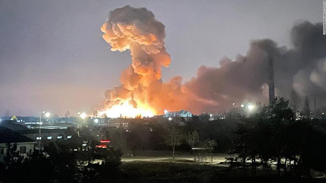 A photo provided by the Ukrainian President's office appears to show an explosion in Kyiv early on February 24.