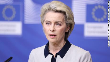 European Commission President Ursula von der Leyen speaks during a press statement on Russia&#39;s attack on Ukraine, in Brussels on February 24, 2022, ahead of a EU special summit called to respond to the attacks. 
