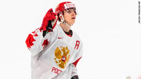 Amirov celebrates a goal against Austria during the first period of an IIHF World Junior Hockey Championship game in December 2020.