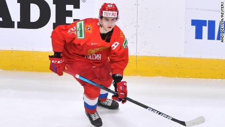 Amirov skates during the 2021 IIHF World Junior Championship game between Russia and Sweden in December 2020.