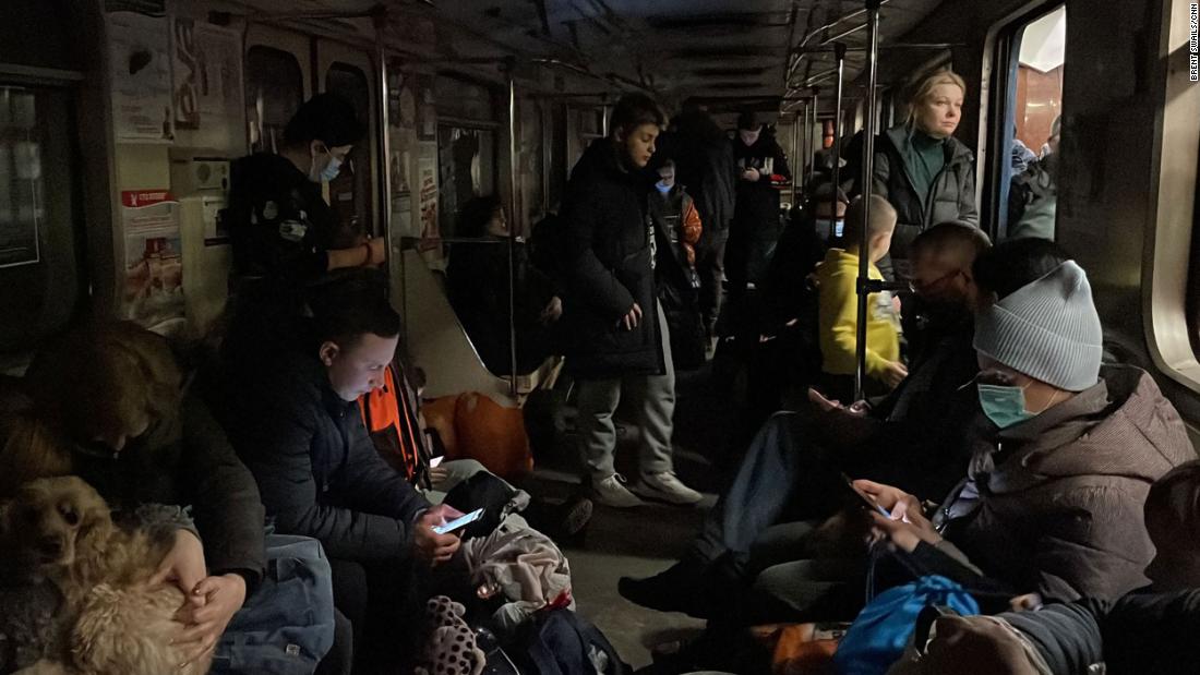 People shelter in a subway station in Kharkiv, Ukraine, on February 24.