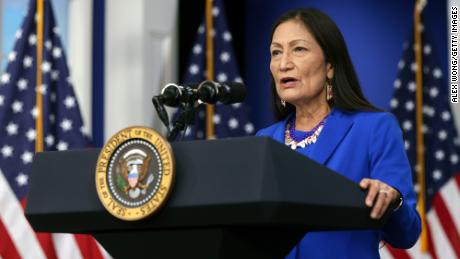 US Interior Secretary Deb Haaland is pictured here at the 2021 Tribal Nations Summit in November 2021.