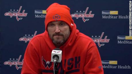 Alex Ovechkin of the Washington Capitals speaks at a news conference about the Russian invasion.