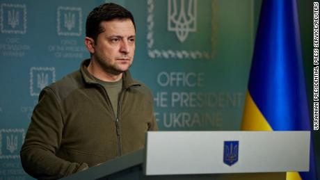 Ukrainian President Volodymyr Zelenskiy makes a statement in Kyiv on Friday.