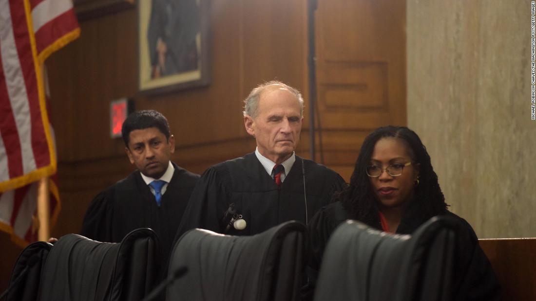 From left, Judges Sri Srinivasan, David Tatel and Jackson walk into a ceremonial courtroom in 2017 during a high school mock trial in Washington, DC.