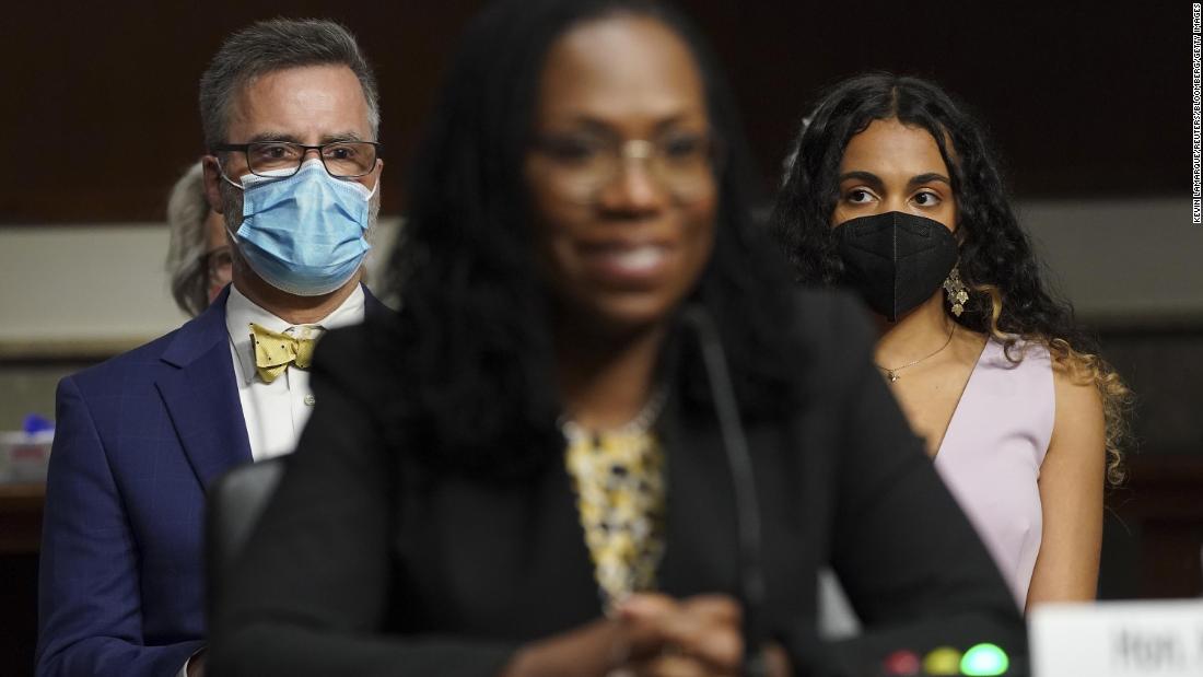 Jackson smiles as her husband, Patrick, and daughter, Leila, listen during a Senate Judiciary Committee confirmation hearing in April 2021.