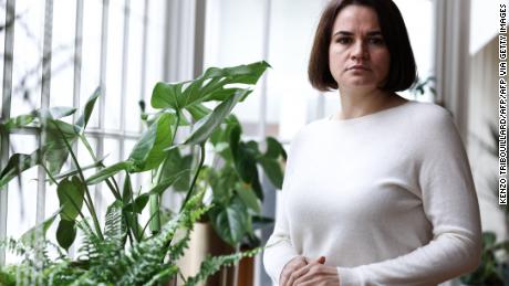 Belarusian opposition leader and human right activist Svetlana Tikhanovskaya poses before an AFP interview at the Lithuanian embassy in Brussels on December 14, 2021. - Belarus&#39;s exiled opposition leader Svetlana Tikhanovskaya on Tuesday slammed her husband Sergei Tikhanovsky&#39;s 18-year prison sentence as &quot;revenge&quot; by the regime of President Alexander Lukashenko and vowed to continue her work. (Photo by Kenzo TRIBOUILLARD / AFP) (Photo by KENZO TRIBOUILLARD/AFP via Getty Images)