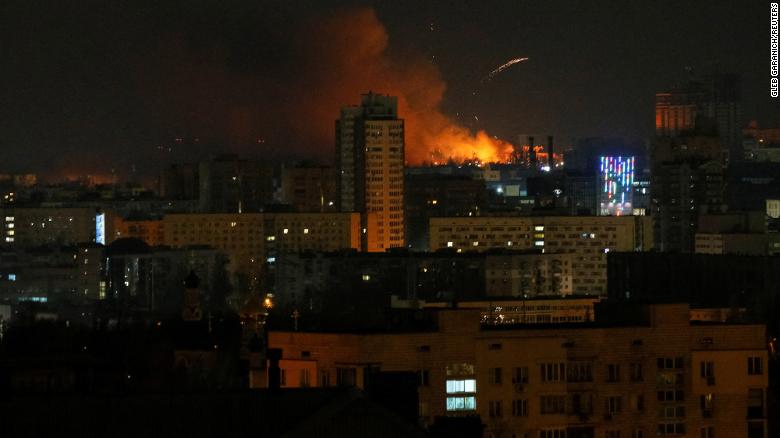 Smoke and flames are seen near Kyiv, Ukraine, on Saturday, February 26. <a href=
