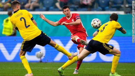 Lewandowski scores against Sweden in their Euro 2020 clash.