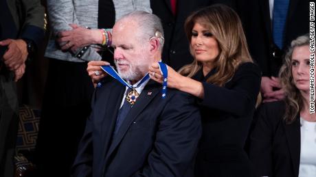 First Lady Melania Trump awards Rush Limbaugh the Presidential Medal of Freedom during President Donald Trump's State of the Union address in the House Chamber on Tuesday, February 4, 2020.