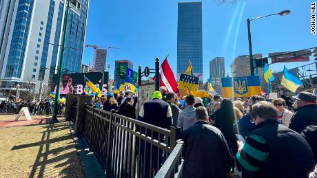 Demonstrators rally in support of Ukraine in Atlanta on Saturday, February 26, 2022.