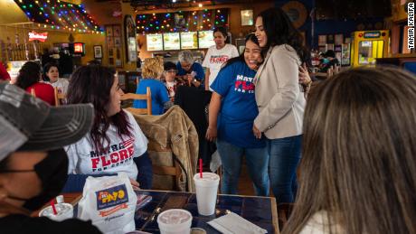 Mayra Flores, Republican candidate for Texas&#39; 34th District, greets supporters during a blockwalk kick-off event at a Mexican restaurant in Brownsville, Texas. 