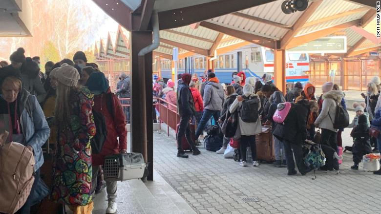 Ukrainian refugees at the train station in Przemysl, Poland, February 26, 2022.