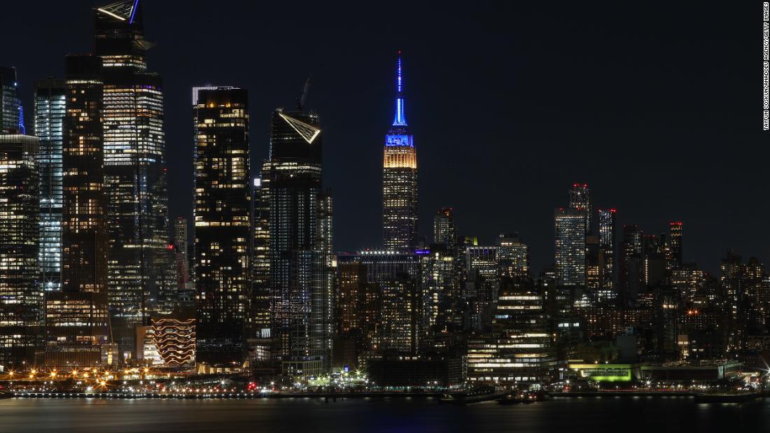 New York&#39;s Empire State Building is illuminated in the colors of the Ukrainian flag on February 25.