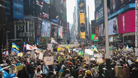 Anti-war protesters gathered in Times Square in New York, on February 26, 2022, to protest Russian attacks on Ukraine. 