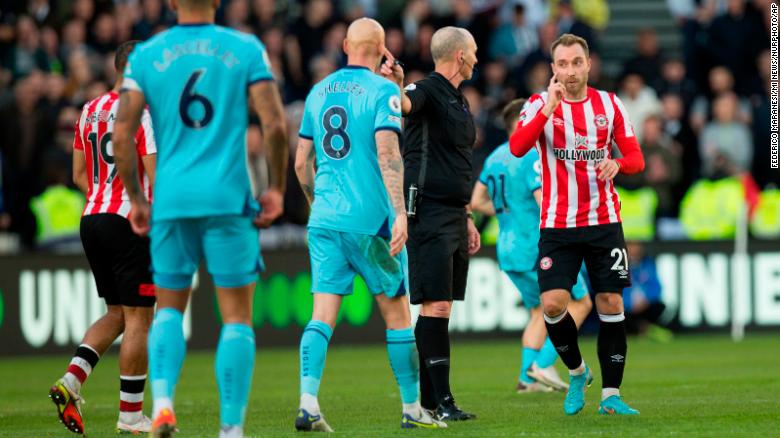 Eriksen gestures during the match against Newcastle United.