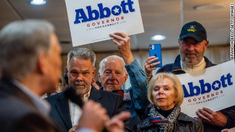 Supporters listen to Texas Gov. Greg Abbott speak during the &quot;Get Out The Vote&quot; campaign event on February 23, 2022 in Houston, Texas.