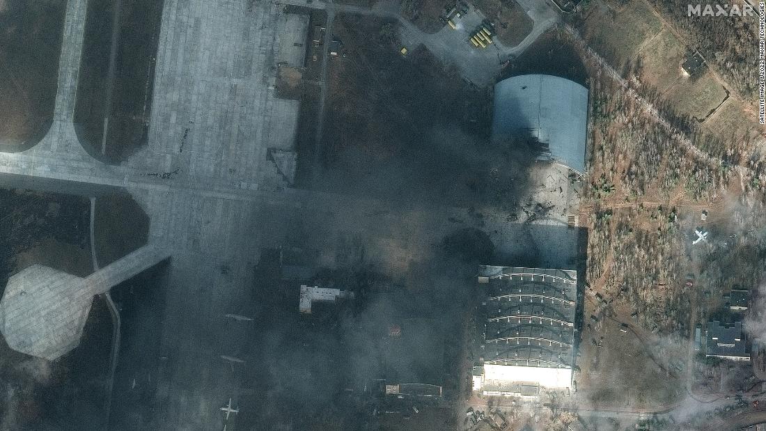 Satellite images show significant damage to part of an aircraft hangar at the Hostomel Air Base outside Kyiv, Ukraine, on February 27. The world&#39;s largest aircraft, the Antonov AN-225 Mriya, was destroyed by a Russian attack on the airport, &lt;a href=&quot;https://www.cnn.com/europe/live-news/ukraine-russia-news-02-27-22/h_e86671e6149c48637babb90bf9df0414&quot; target=&quot;_blank&quot;&gt;according to Ukraine government officials.&lt;/a&gt;