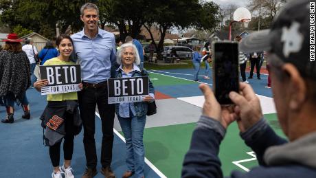 Beto O&#39;Rourke, Texas Democratic candidate for governor, takes photos with supporters during a blockwalk kick-off event at Garfield Park in Brownsville, Texas, on February 19, 2022.