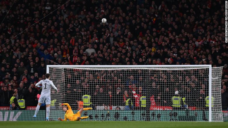 Arrizabalaga misses a penalty in the Carabao Cup final.