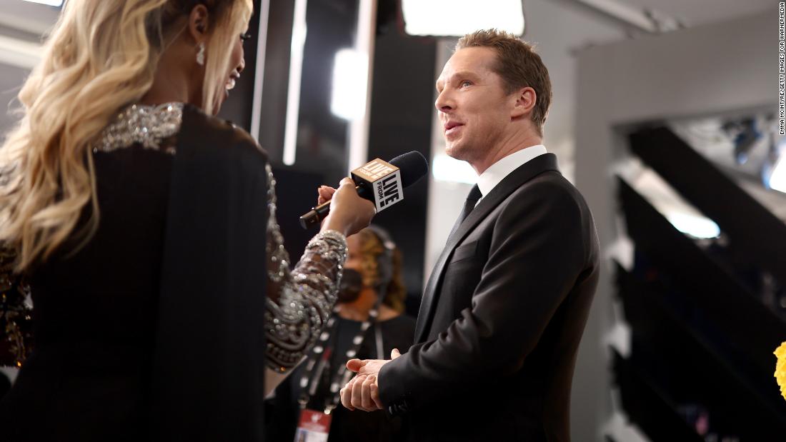Actress Laverne Cox interviews Benedict Cumberbatch before the show. He was nominated for his role in the film &quot;The Power of the Dog.&quot;