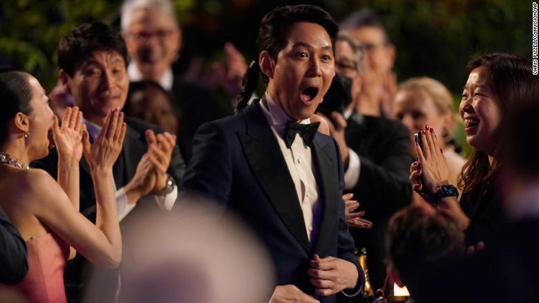 "Squid Game" star Lee Jung-jae reacts after it was announced that he had won a Screen Actors Guild award on Sunday, February 27. He and his co-star Jung Ho-yeon each won an award for outstanding performance in a drama series.