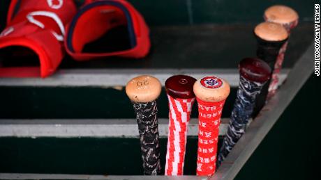A view of Los Angeles Angels&#39; Jared Walsh&#39;s bats and the tape jobs on the handles before a game.