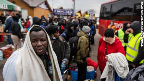 Refugees from many diffrent countries - from Africa, Middle East and India - mostly students of Ukrainian universities are seen at the Medika pedestrian border crossing fleeing the conflict in Ukraine, in eastern Poland on February 27, 2022. 