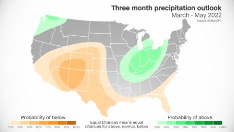 Precipitation outlook from the Climate Prediction Center.  Brown areas indicate where conditions will be drier.  Green areas indicate where conditions will be wetter.