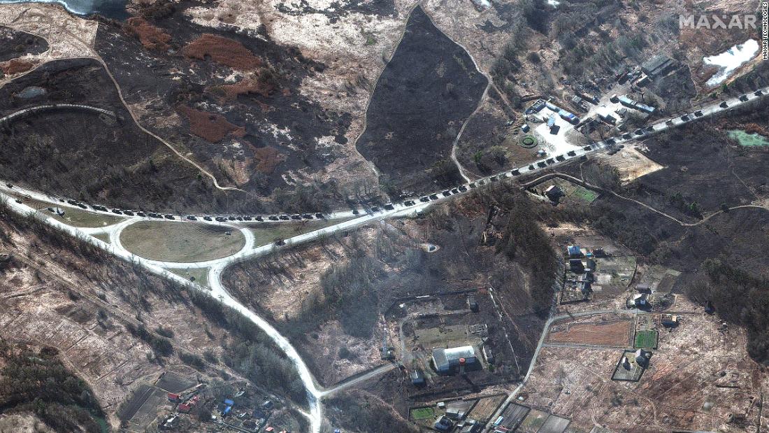 A satellite image of the  stalled 40-mile-long convoy of Russian tanks, armored vehicles, and towed artillery in southern Invankiv. 