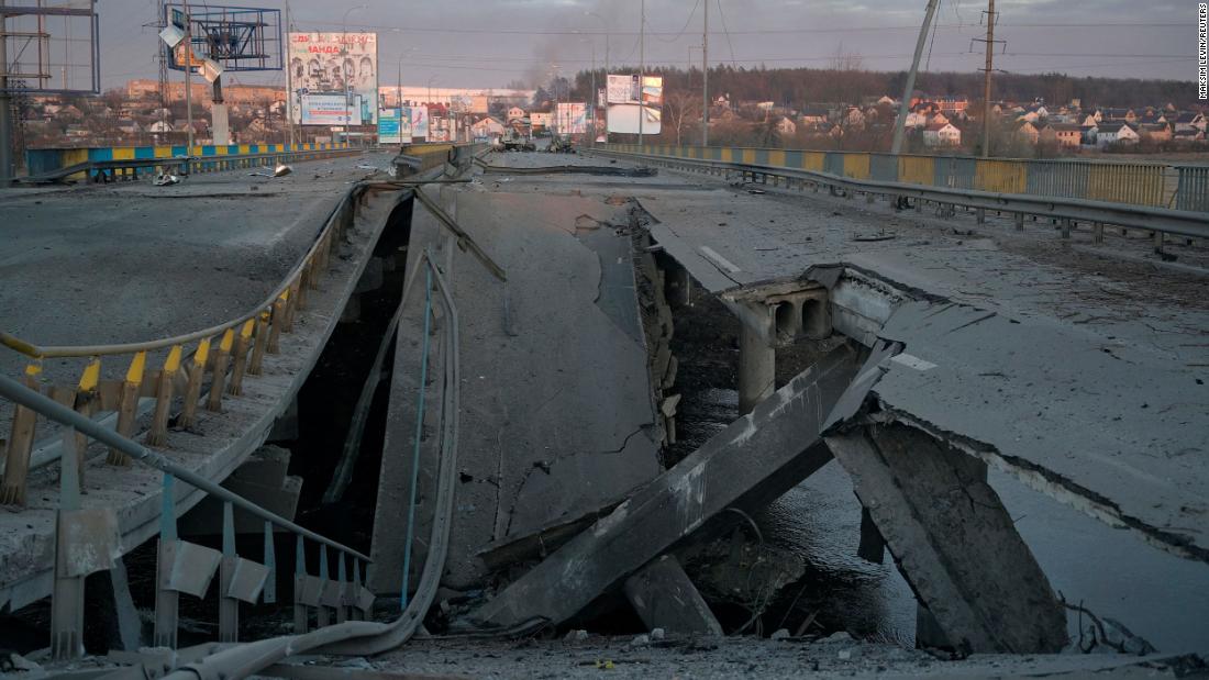 A bridge is destroyed near the town of Bucha, Ukraine, on February 28.