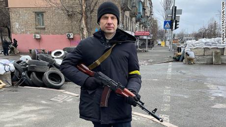 Oleksiy Goncharenko is manning a checkpoint in Kyiv on Tuesday, March 1.