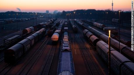 Freight trains stand on the tracks at the Munich, Germany, North marshalling yard, on February 28. Following Russia&#39;s attack on Ukraine, Western countries have imposed numerous sanctions, and the EU has imposed an export ban on goods, technologies and services for the aerospace industry. 