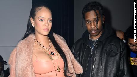 (From left) Rihanna and A$AP Rocky attend the Off-White Womenswear Fall/Winter 2022/2023 show as part of Paris Fashion Week on February 28. 