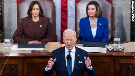 President Joe Biden delivers his first State of the Union address to a joint session of Congress at the Capitol, Tuesday, March 1, 2022, in Washington as Vice President Kamala Harris and House speaker Nancy Pelosi of Calif., look on. 
