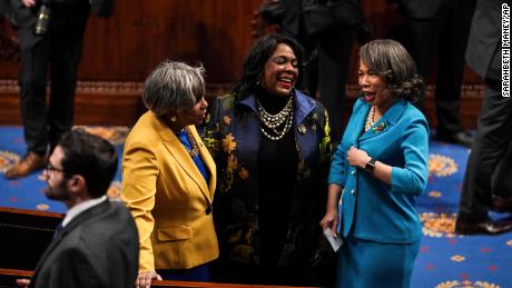 From left, Rep. Brenda Lawrence, Rep. Terri Sewell, and Rep. Lisa Blunt Rochester arrive ahead of President Joe Biden&#39;s first State of the Union address on Tuesday, March 1.