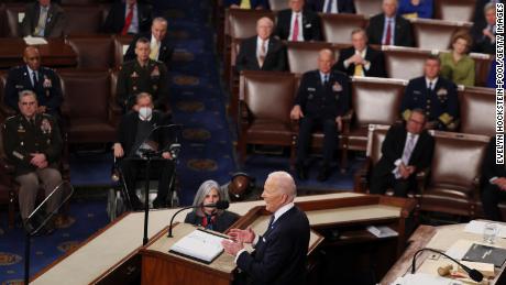 US President Joe Biden delivers the State of the Union address during a joint session of Congress in the U.S. Capitol&#39;s House Chamber March 01, 2022 in Washington, DC. 